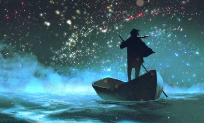Анимация Парень в лодке на воде под ночным звездным небом, исходник от Tithi Luadthong, гифка Парень в лодке на воде под ночным звездным небом, исходник от Tithi Luadthong