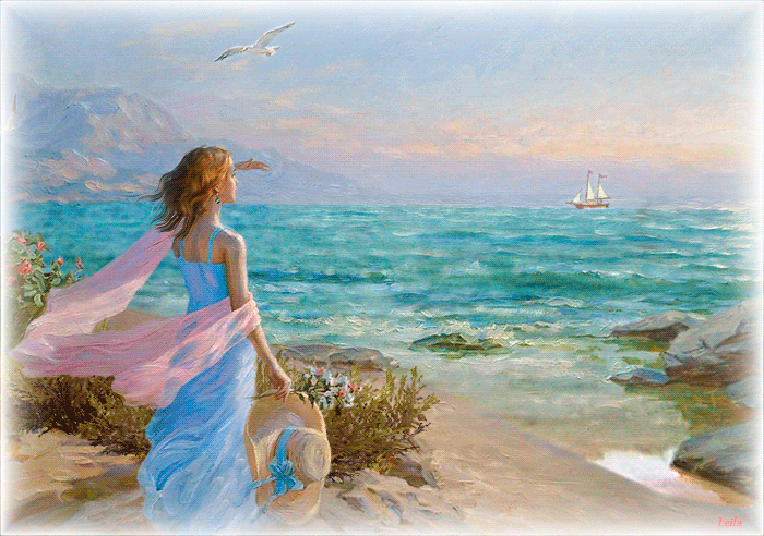 Анимация Девушка на берегу, с шляпкой и цветами в руке, смотрит на плывущую бригантину в море, by Leila, гифка Девушка на берегу, с шляпкой и цветами в руке, смотрит на плывущую бригантину в море, by Leila
