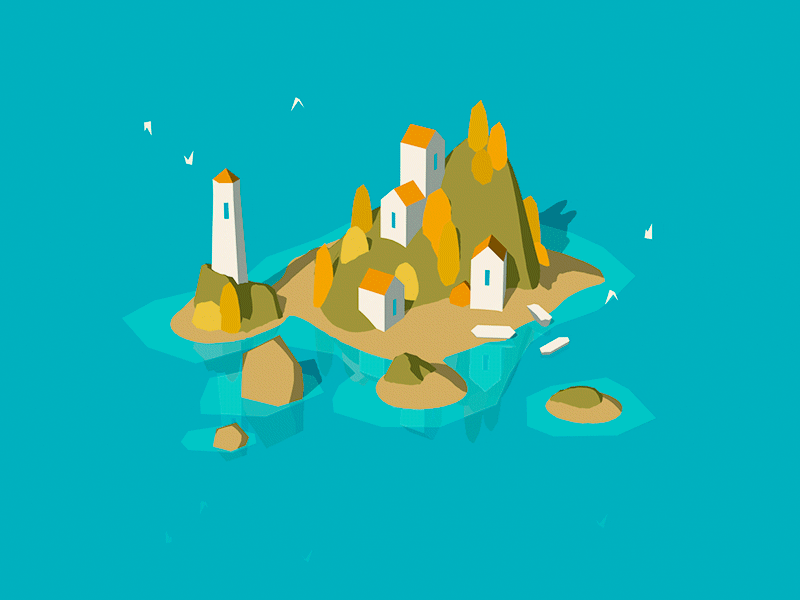 Анимация Остров с маяком, над которым летают чайки, гифка Остров с маяком, над которым летают чайки