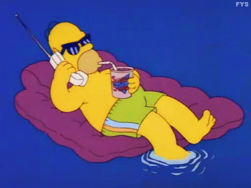 Анимация Homer Simpson / Гомер Симпсон из мультсериала The Simpsons / Симпсоны лежит на матрасе, пьет напиток через трубочку и говорит по телефону, гифка Homer Simpson / Гомер Симпсон из мультсериала The Simpsons / Симпсоны лежит на матрасе, пьет напиток через трубочку и говорит по телефону