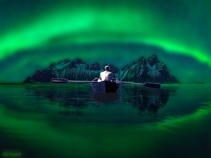 Анимация Мужчина в лодке смотрит на северное сияние на фоне гор, анимация от Барков, гифка Мужчина в лодке смотрит на северное сияние на фоне гор, анимация от Барков