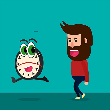 Анимация Бородатый мужчина пытается догнать будильник