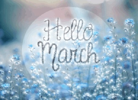Анимация Фраза Hello March / Привет, Март в кружочке на фоне цветов