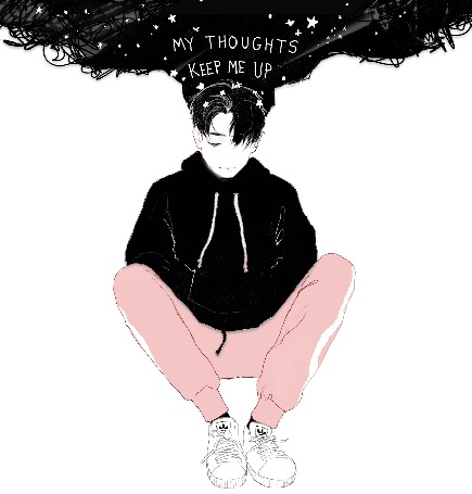 Анимация Черное облако над парнем в черной толстовке и розовых штанах (My thoughts keep me up / Мои мысли не дают мне подняться)