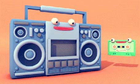 Анимация Из веселого кассетного магнитофона льются звуки музыки