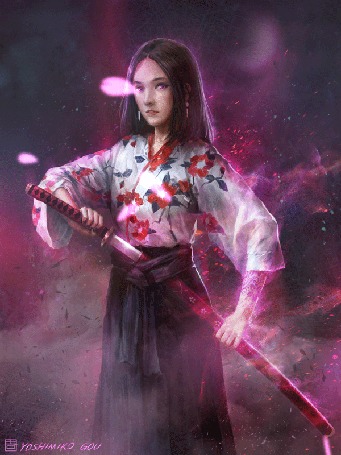 Анимация Девушка с саблей и падающие лепестки сакуры, Yoshimiko Gou, by qiang zhou