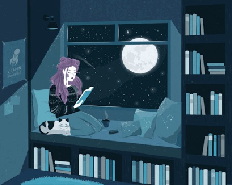 Анимация Девочка с книгой сидит на подоконнике окна и рядом кошка
