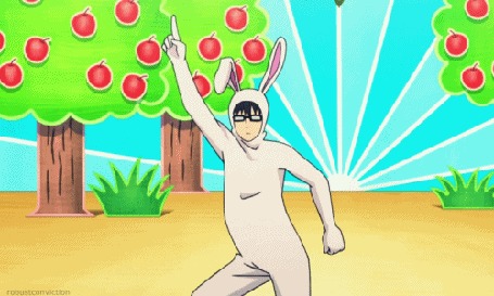 Анимация Девушка в костюме зайца танцует под яблонями