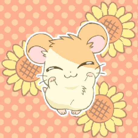 Анимация Улыбающийся хомячок Хамтаро / Hamtaro из одноименного аниме на фоне подсолнухов