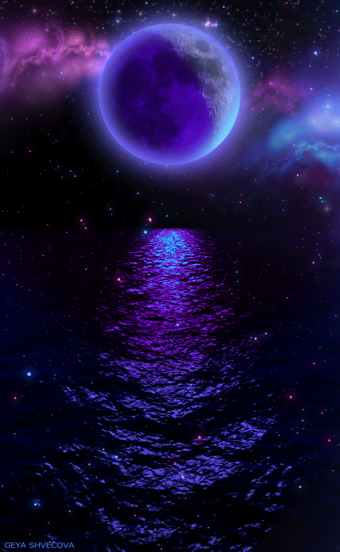 Анимация Планета на фоне сияющего пространства над водой, by Geya Shvecova, гифка Планета на фоне сияющего пространства над водой, by Geya Shvecova
