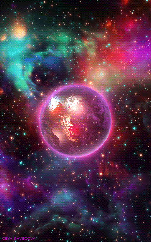 Анимация Планета на фоне сияющего пространства, by Geya Shvecova, гифка Планета на фоне сияющего пространства, by Geya Shvecova