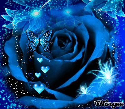 Гиф анимация Синяя роза, бабочка, сердечки и цветы, by Blingee