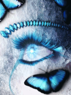 Анимация Голубой светящийся глаз девушки с синими бабочками, гифка Голубой светящийся глаз девушки с синими бабочками