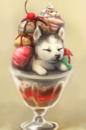 Анимация Щенок хаски сидит в бокале с мороженым, by Foxeaf
