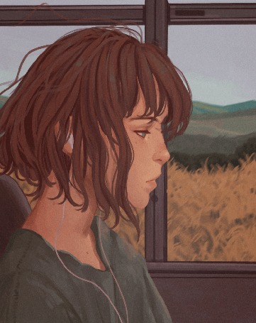Анимация Девушка едет в электричке с наушниками в ушах, by Miriam Presas