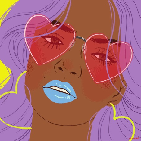 Анимация Девушка в розовых очках в виде сердечек