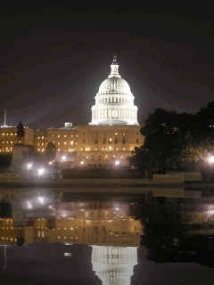 Анимация Вашингтон / Washington, Капитолий ночью с подсветкой возле водоема, гифка Вашингтон / Washington, Капитолий ночью с подсветкой возле водоема