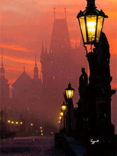 Анимация Дождь в Праге на мосту вечером / Prague, by Lazyrit, гифка Дождь в Праге на мосту вечером / Prague, by Lazyrit