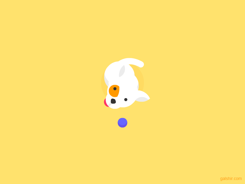Анимация Белая собака с вытянутым языком сидит возле мячика и машет хвостиком, гифка Белая собака с вытянутым языком сидит возле мячика и машет хвостиком