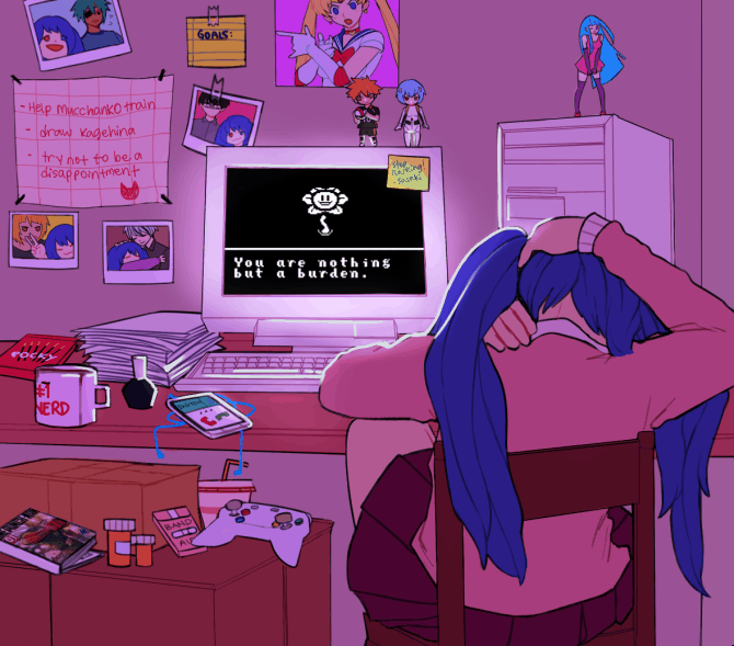 Анимация Девушка с синими волосами сидит у компьютера, на котором мелькают различные изображения, гифка Девушка с синими волосами сидит у компьютера, на котором мелькают различные изображения