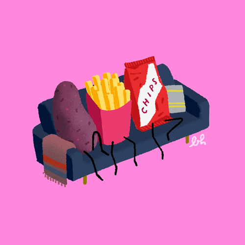 Анимация Картошка, картошка фри и пачка чипсов сидят на диване, by ben haist, гифка Картошка, картошка фри и пачка чипсов сидят на диване, by ben haist