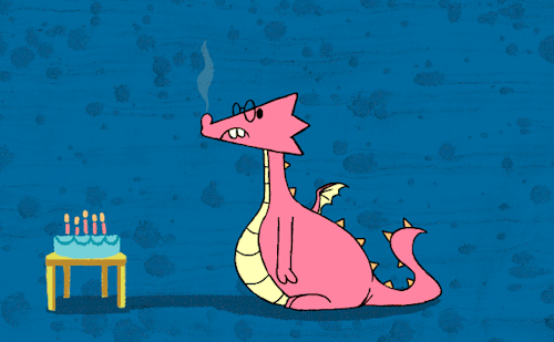 Анимация Дракон задувает свечи на торте, гифка Дракон задувает свечи на торте