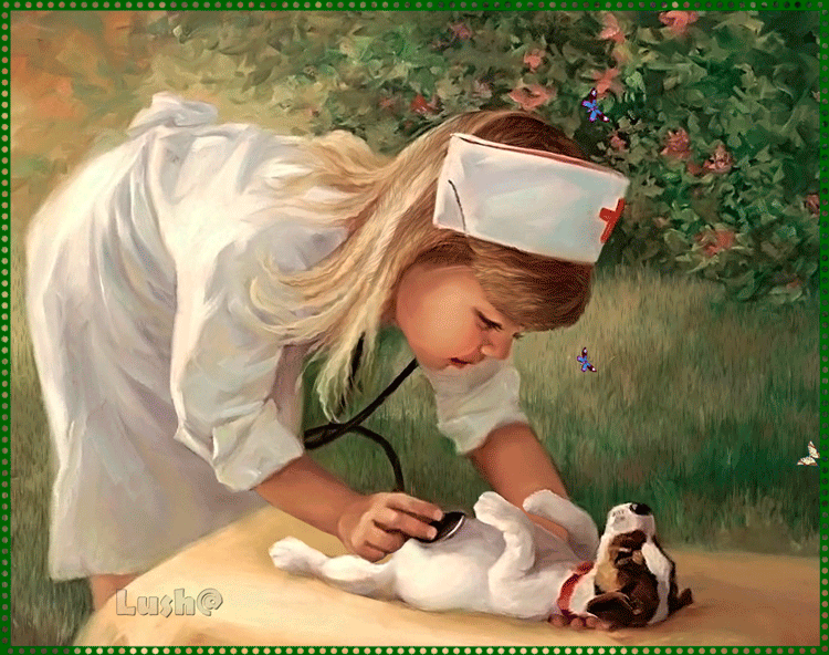 Анимация Милая девочка в костюме медсестры играет с собачкой на фоне цветов и бабочек. (автор Луша), гифка Милая девочка в костюме медсестры играет с собачкой на фоне цветов и бабочек. (автор Луша)