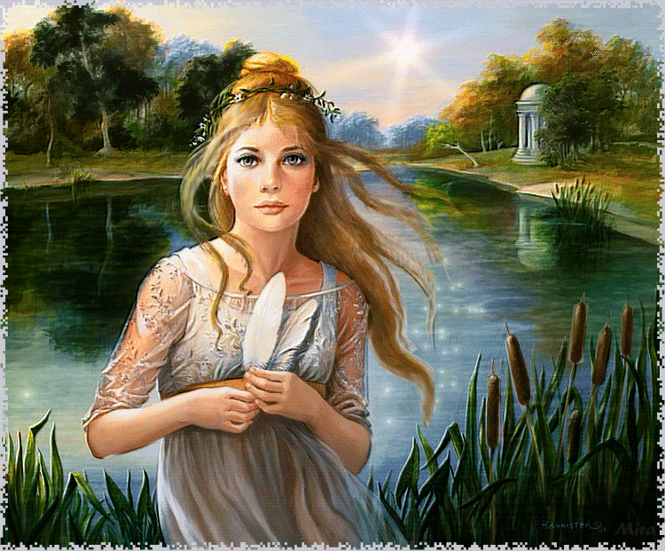 Анимация Девушка стоит на берегу реки на фоне неба с птицами, камышей и деревьев. Автор Мира, гифка
