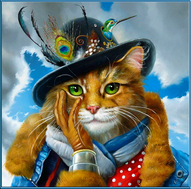Анимация Зеленоглазый кот в шляпе с пером и птицей на фоне облачного неба, гифка Зеленоглазый кот в шляпе с пером и птицей на фоне облачного неба