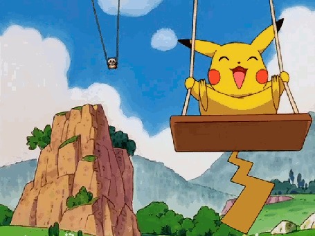 Анимация Кьюбон и Пикачу из аниме Покемон / Pokemon качаются на качелях