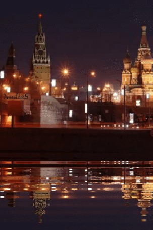 Анимация Московский кремль ночью с подсветкой и река / Moscow, Russia, by NadiaS