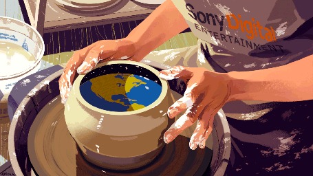 Анимация Мужские руки лепят из глины горшок, внутри которого кружится Земля, by rebecca mock