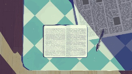 Анимация На столе лежат книга с переворачивающимися страницами, газета и ручка, by rebecca mock