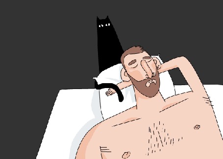 Анимация Черный кот оттягивает спящему мужчине веко, by Csak