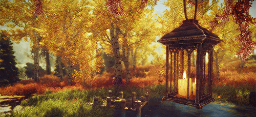 Анимация Горящий фонарь над рекой в осеннем лесу, пейзаж из игры Skyrim, гифка Горящий фонарь над рекой в осеннем лесу, пейзаж из игры Skyrim