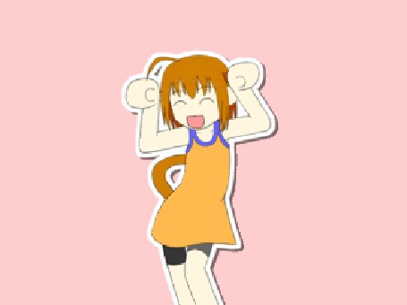 Анимация Рыжая девочка с хвостом на розовом фоне танцует Caramelldansen