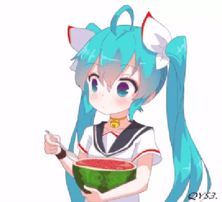 Анимация Vocaloid Hatsune Miku / Вокалоид Хацунэ Мику вырезает ложкой круг внутри разрезанного арбуза, подкидывает вверх и съедает
