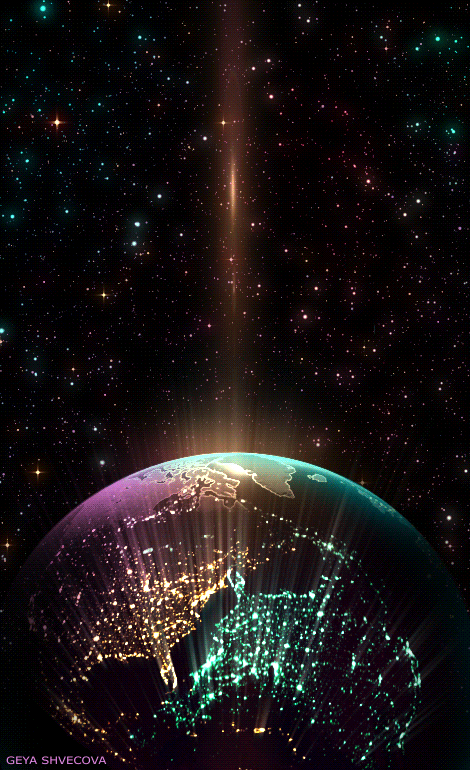Анимация Планета Земля на фоне ночного неба, by Geya Shvecova, гифка Планета Земля на фоне ночного неба, by Geya Shvecova