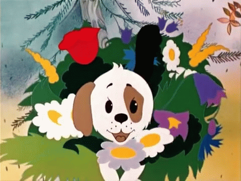 Анимация Щенок с цветами из мультфильма Просто так, гифка Щенок с цветами из мультфильма Просто так