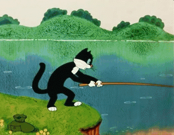 Анимация Кот поймал рыбу, которая срывается с удочки, мультфильм Кот-рыболов, гифка Кот поймал рыбу, которая срывается с удочки, мультфильм Кот-рыболов