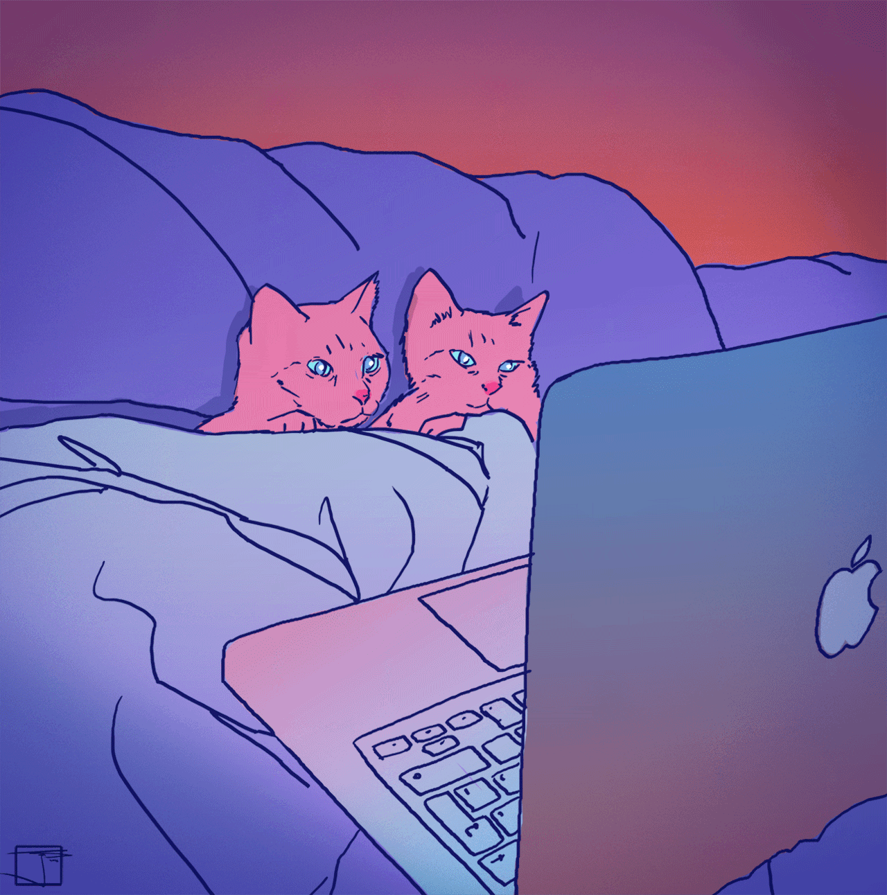 Анимация Двое кошек, укутавшись пледом, смотрят фильм на экране МакБука, by PHAZED, гифка Двое кошек, укутавшись пледом, смотрят фильм на экране МакБука, by PHAZED