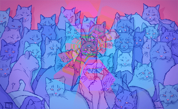 Анимация Среди толпы кошек выделяется одна, у которой третий глаз на мордочке сияет радужным светом, by PHAZED, гифка Среди толпы кошек выделяется одна, у которой третий глаз на мордочке сияет радужным светом, by PHAZED