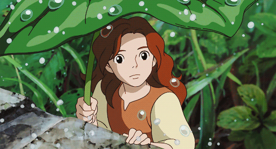 Анимация Ариэтти / Arrietty с листком под дождем, аниме Ариэтти из страны лилипутов / Karigurashi no Arrietty, гифка Ариэтти / Arrietty с листком под дождем, аниме Ариэтти из страны лилипутов / Karigurashi no Arrietty