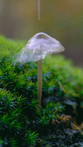 Анимация На полупрозрачную шляпку гриба с веток падают крупные капли, гифка На полупрозрачную шляпку гриба с веток падают крупные капли