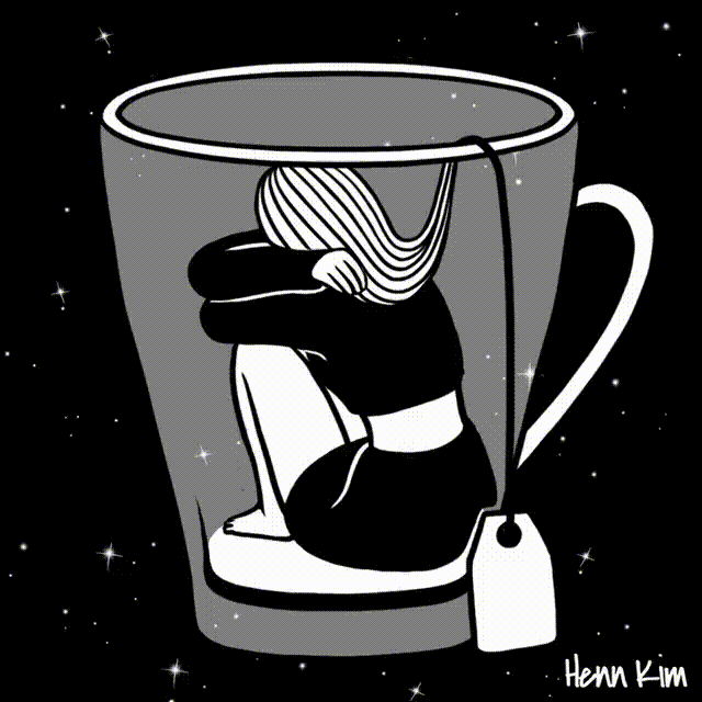 Анимация Девушка сидит в чашке с чаем, by Henn Kim, гифка Девушка сидит в чашке с чаем, by Henn Kim