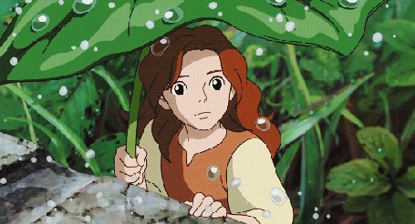 Анимация Ариэтти / Arrietty с листком под дождем, аниме Ариэтти из страны лилипутов / Karigurashi no Arrietty