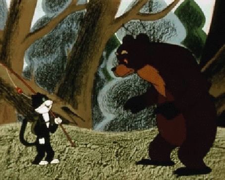 Анимация Встреча медведя с котом, идущим на рыбалку, мультфильм Кот-рыболов