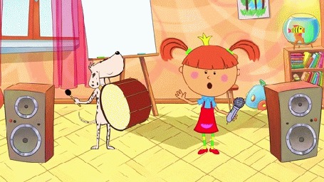 Анимация Девочка-принцесса поет, а ее далматинец играет на музыкальном инструменте, мультик Жила-была Царевна - Ай, болит!