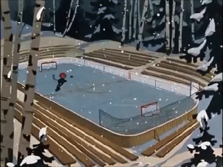 Анимация Парень с клюшкой на льду, мультик Шайбу, шайбу