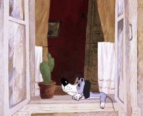 Анимация Барбос зевает, лежа на подоконнике окна, мультик Бобик в гостях у Барбоса